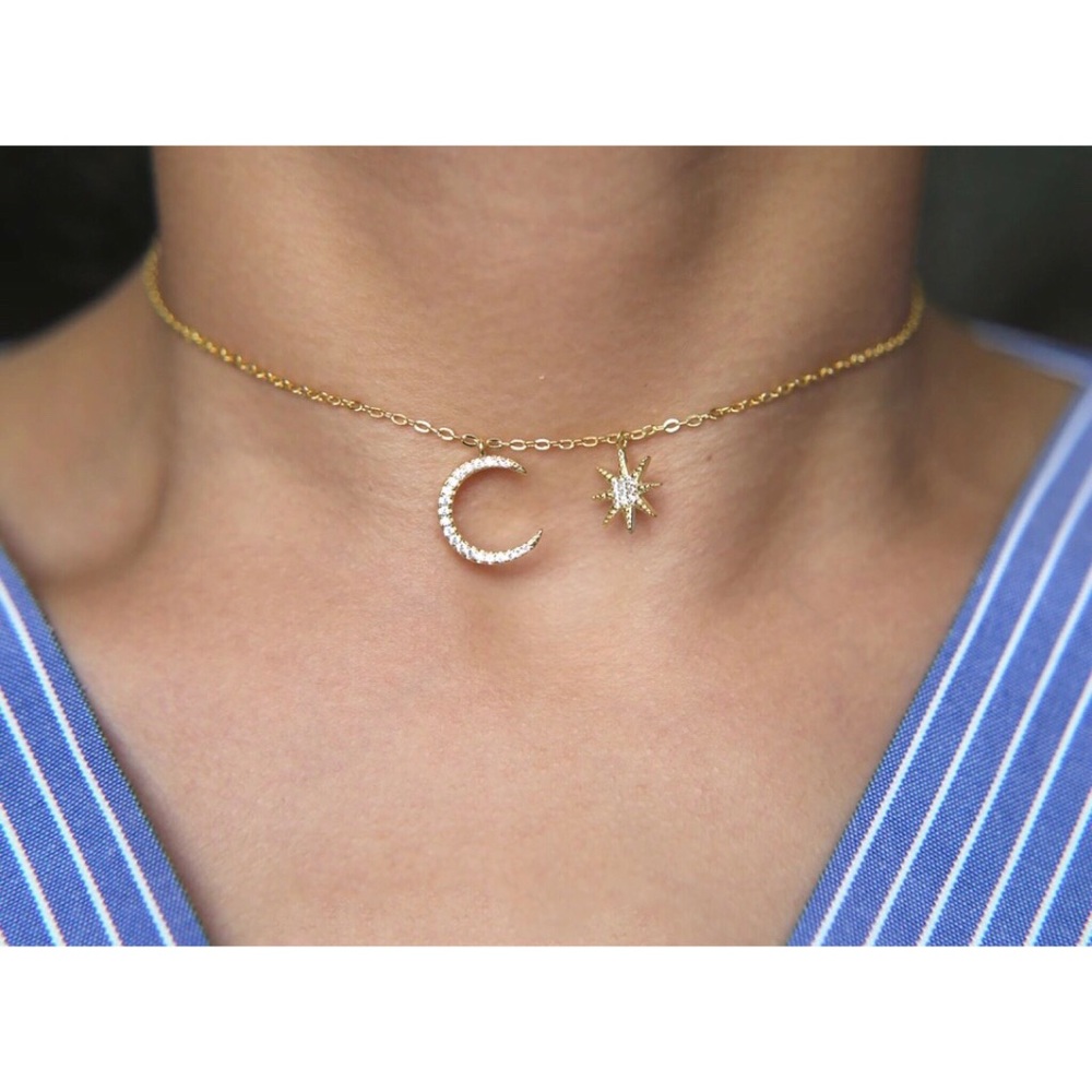 Gold and silver star and moon choker